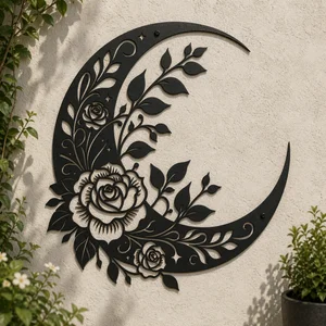 Floral Crescent Moon Rose Silhouette Vector Art