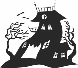 Crooked Haunted House Spooky Trees Bats Landscape Silhouette