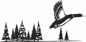 Flying Mallard Duck Pine Forest Horizon Wilderness Scene