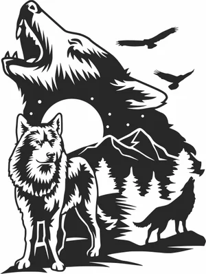Howling Wolves Full Moon Mountain Forest Wilderness Scene