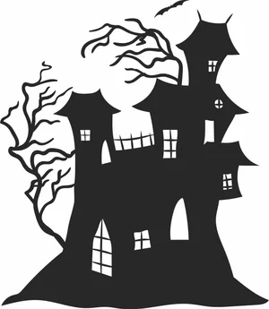 Spooky Haunted Castle Mansion Creepy Trees Bat Silhouette