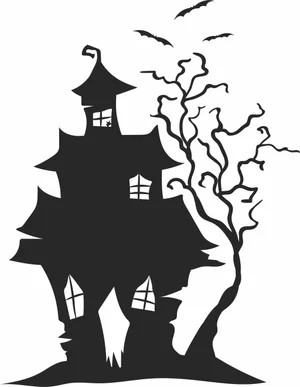 Spooky Haunted House Flying Bats Gnarled Tree Silhouette