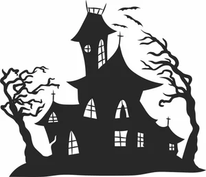 Spooky Haunted House Witch Castle Bats Windswept Trees Silhouette