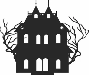 Symmetrical Haunted Mansion Gothic Estate Spooky Bare Trees Silhouette