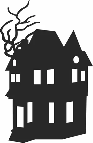 Three Story Haunted Mansion Creepy Bare Tree Branches Silhouette