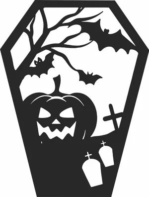 Coffin Shaped Halloween Scene Pumpkin Bats Graveyard