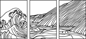 Great Wave and Hills Landscape Triptych 3 Panel Wall Art Silhouette