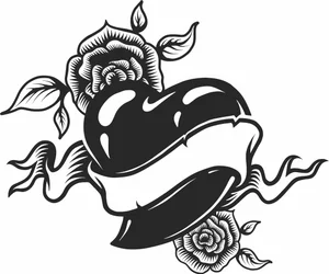 Old School Traditional Tattoo Heart Banner Roses Silhouette